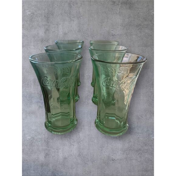 Vtg Coca Cola Glasses Libbey Green Flared 16 Oz Tumblers Heavy 1980s Set of 6 - Picture 1 of 7